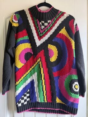 Black Multicolor Geometric Knit Sweater